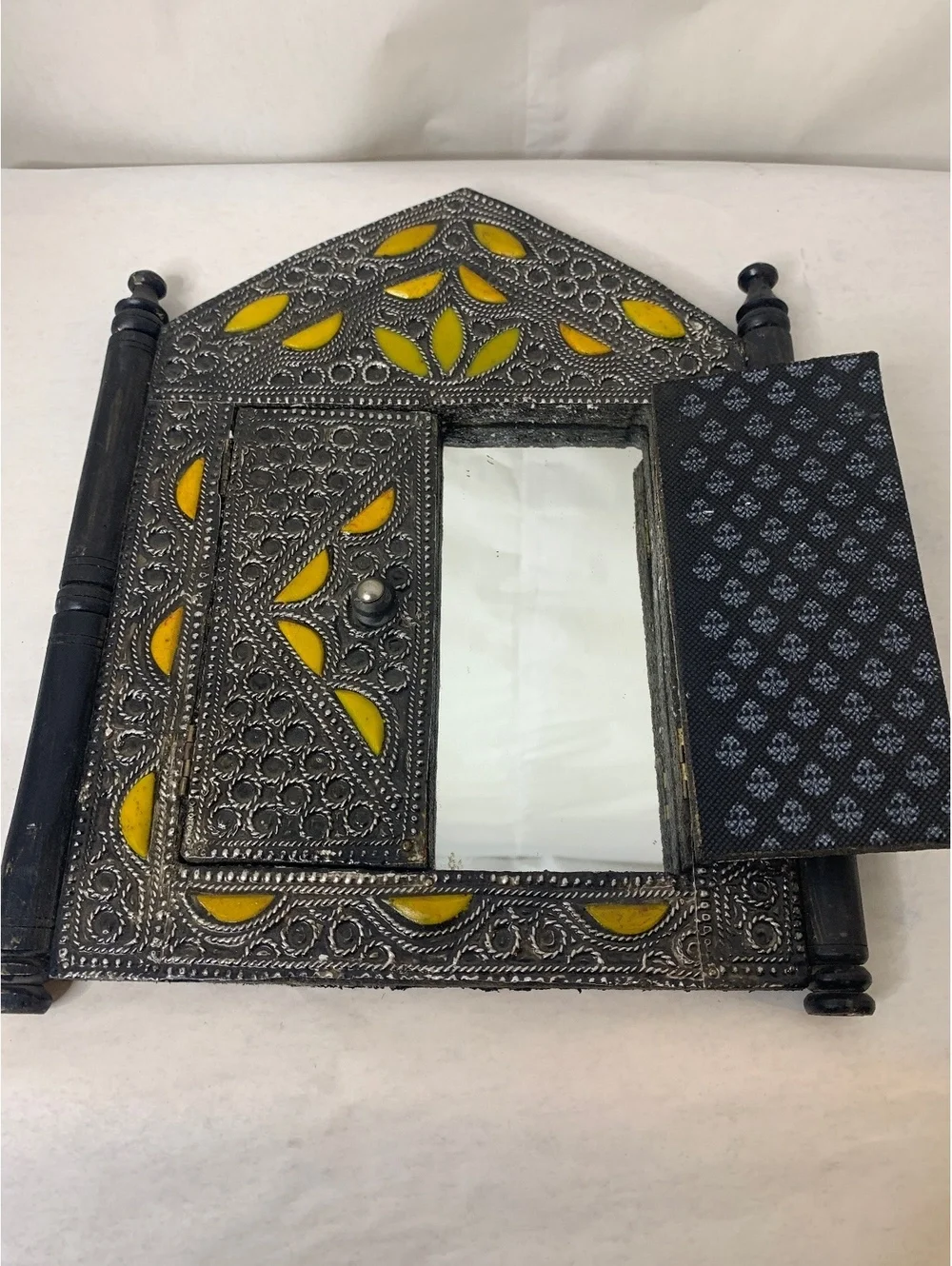 Vintage Moroccan handmade Wall Mirror with Yellow Inlay and Ornate Metal Frame
